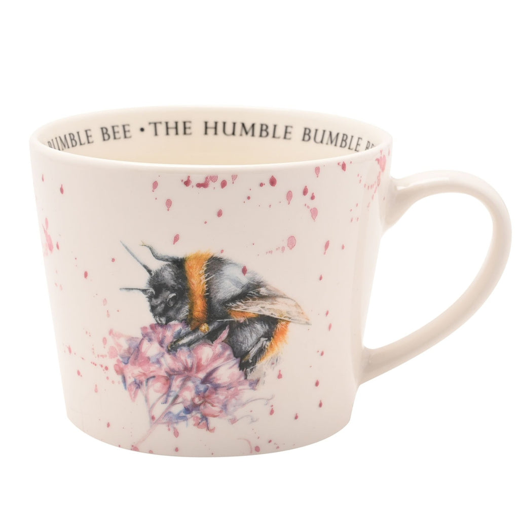 Cream ceramic mug with 'the humble bumble bee' text and illustration of a foraging bumblebee.