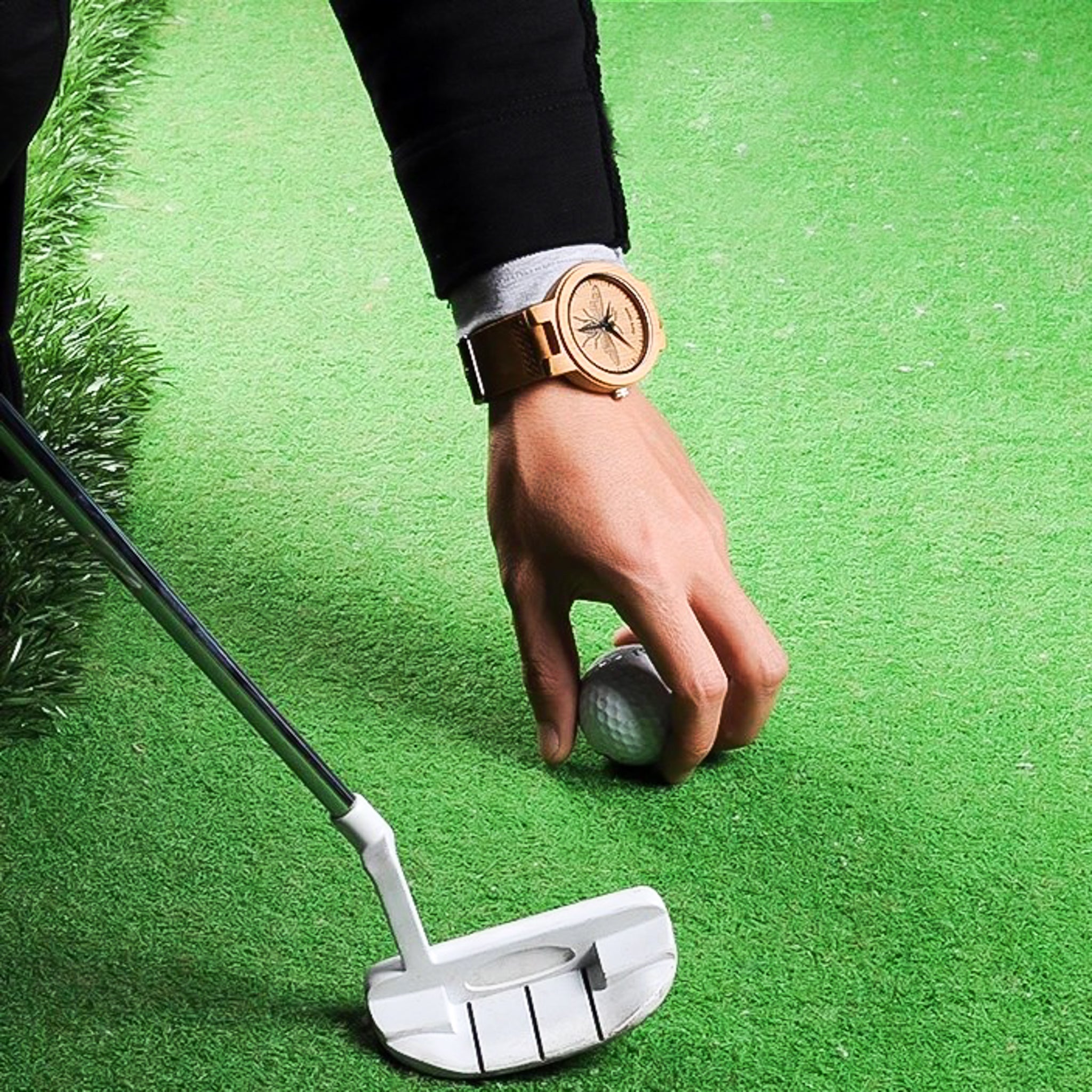 BOBO Bird Men's Bamboo Bee Brown Leather Wrist Watch