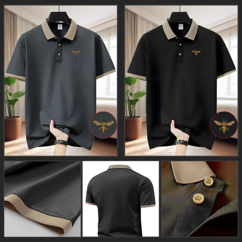 Men's polo shirts in grey and black colours featuring a bee motif logo, beige colour collar and sleeve cuffs.