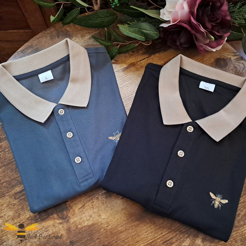 Two polo shirts in black and grey colours with bee motif detailing, beige colour collar and buttons.