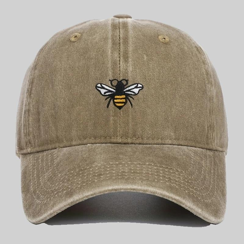 Men's bee embroidered washed effect khaki beige baseball cap