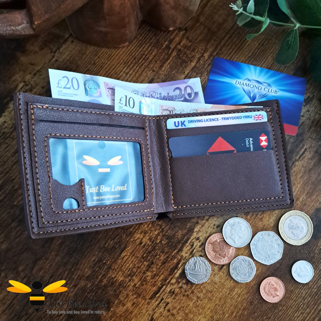 Brown leather bee wallet with money, cards, and coins.