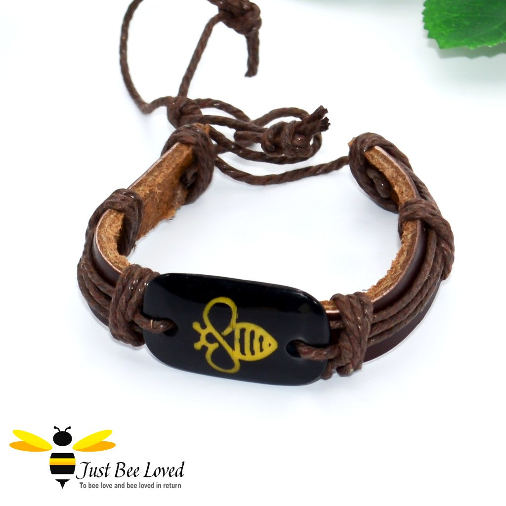 Brown leather tribal bolo gold bee bracelet