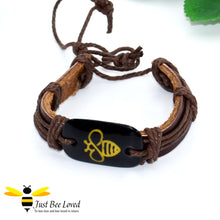 Load image into Gallery viewer, Brown leather tribal bolo gold bee bracelet