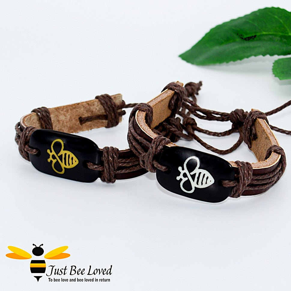 Brown leather tribal bolo bee bracelet