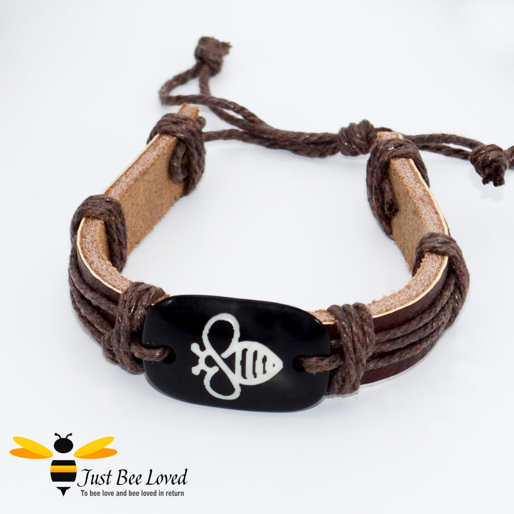 Brown leather tribal bolo white bee bracelet