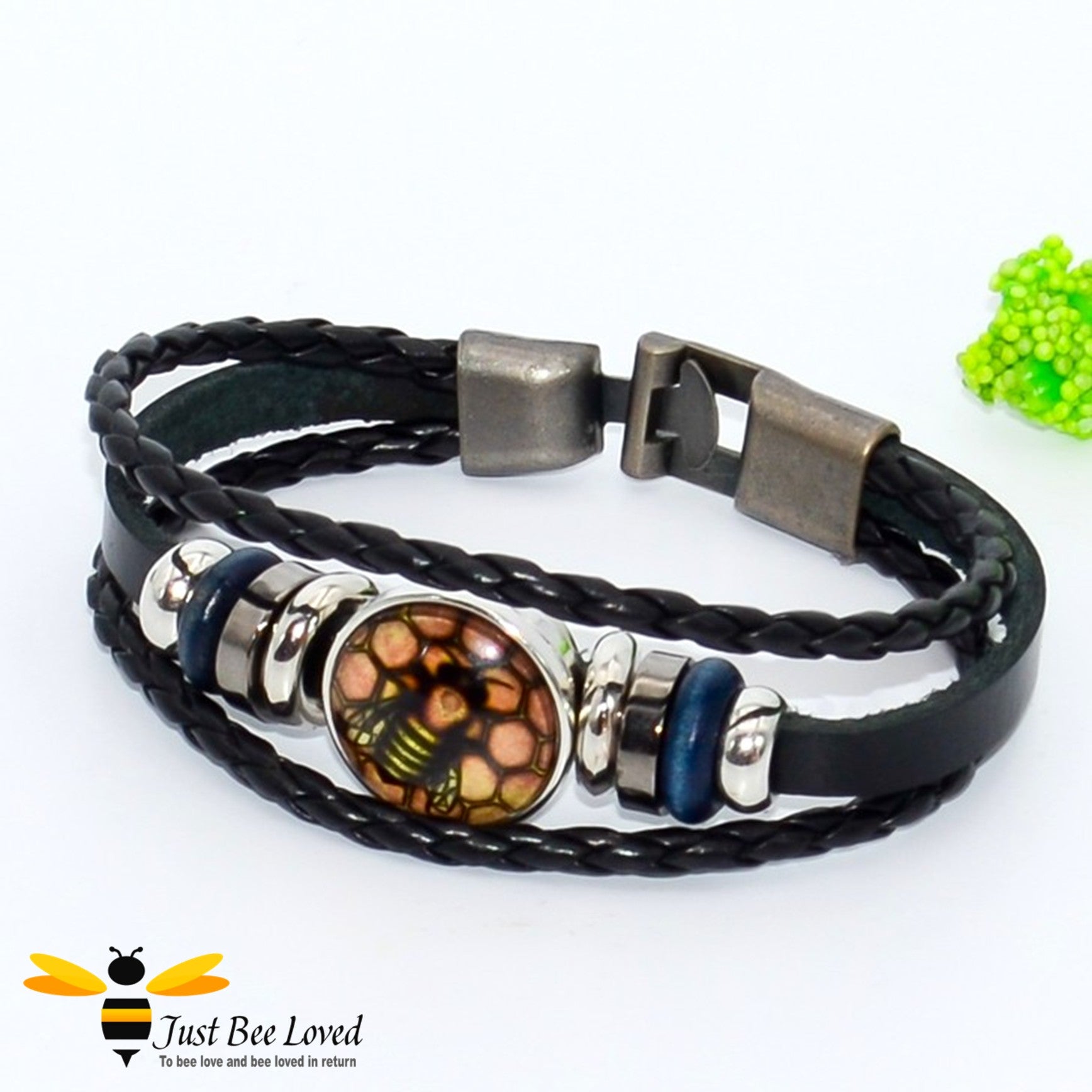 Men's black leather braided tribal bee and bead bracelet