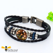 Load image into Gallery viewer, Men&#39;s black leather braided tribal bee and bead bracelet