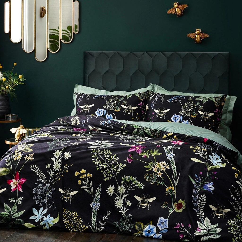 Wylder Nature Midnight Black Bee Floral Velvet Duvet Cover Set