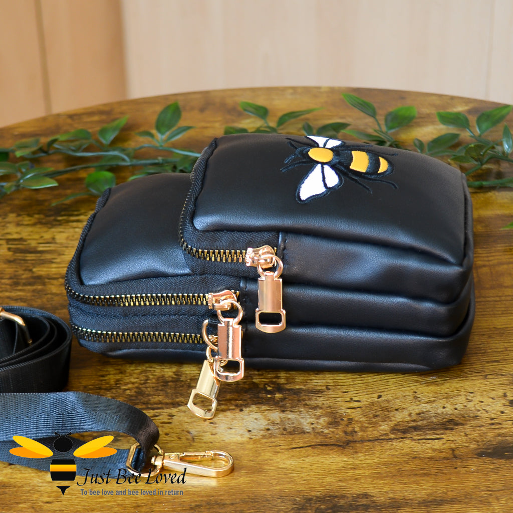 Mobile phone crossbody embroidered bumble bee bag