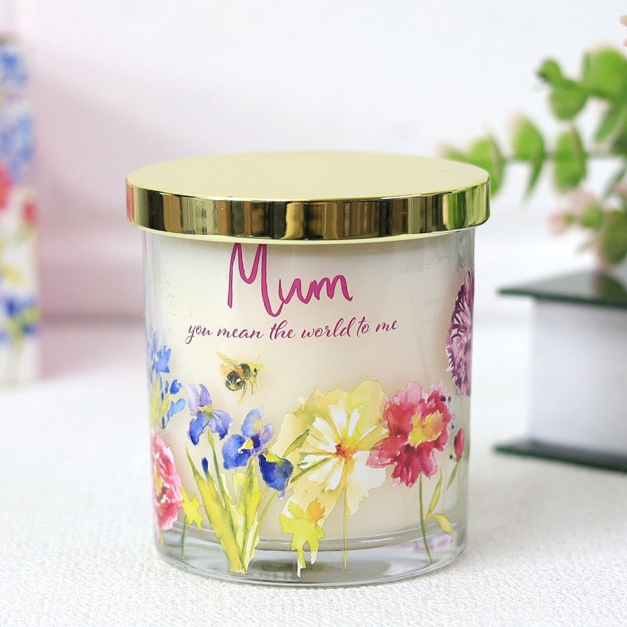 Bee themed candle with gold lid with "mum you mean the world to me" message.
