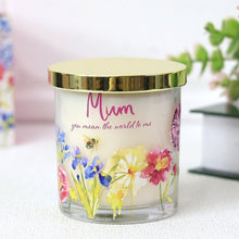 Load image into Gallery viewer, Bee themed candle with gold lid with &quot;mum you mean the world to me&quot; message.