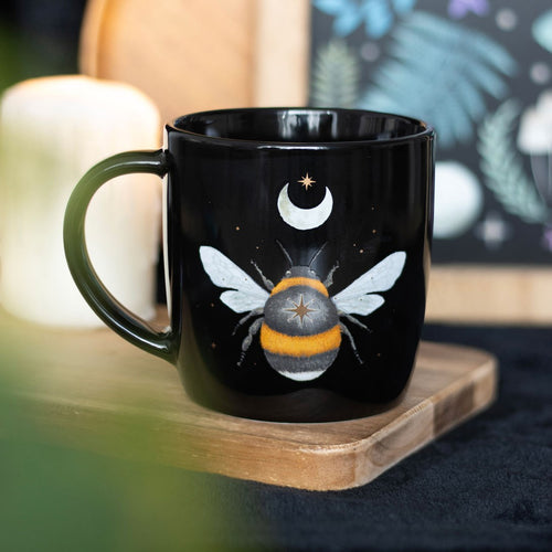 Mystic bee and crescent moon black ceramic mug