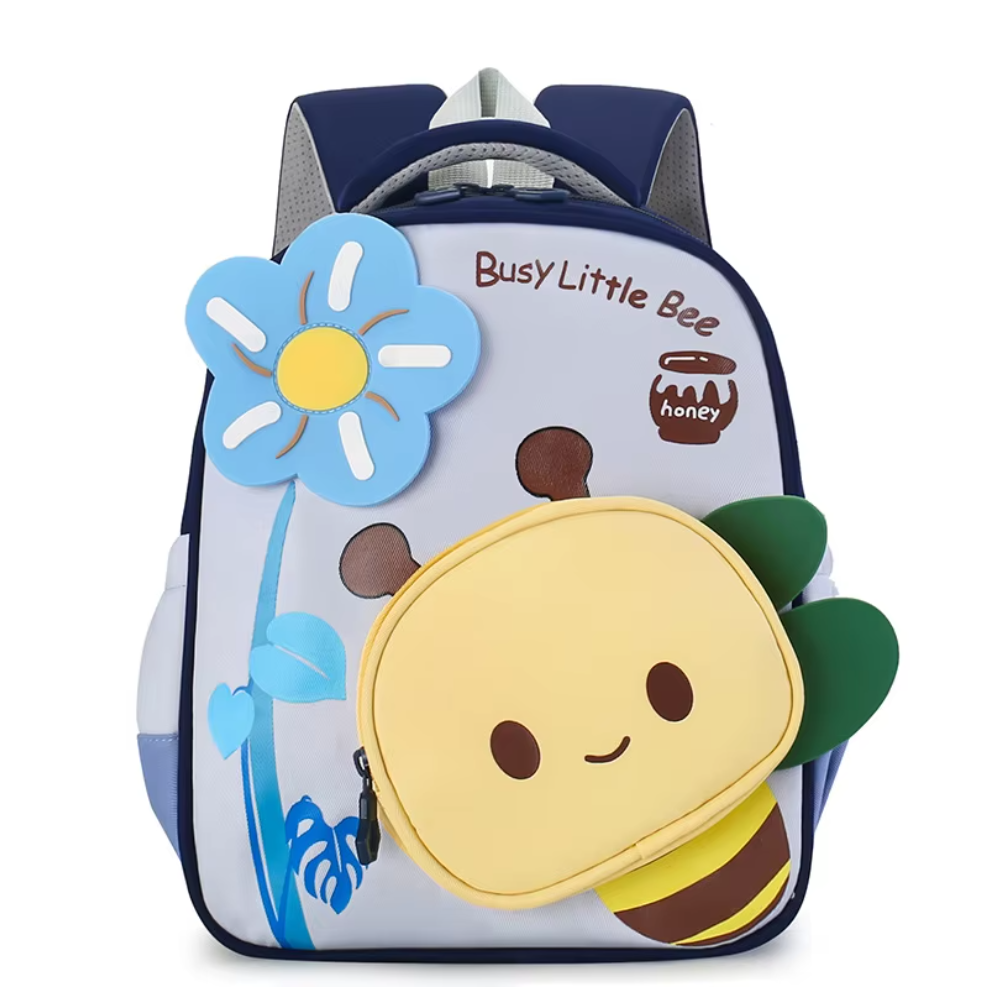 A children's school backpack in Navy colour with a playful bee character and 'Busy Little Bee' text.