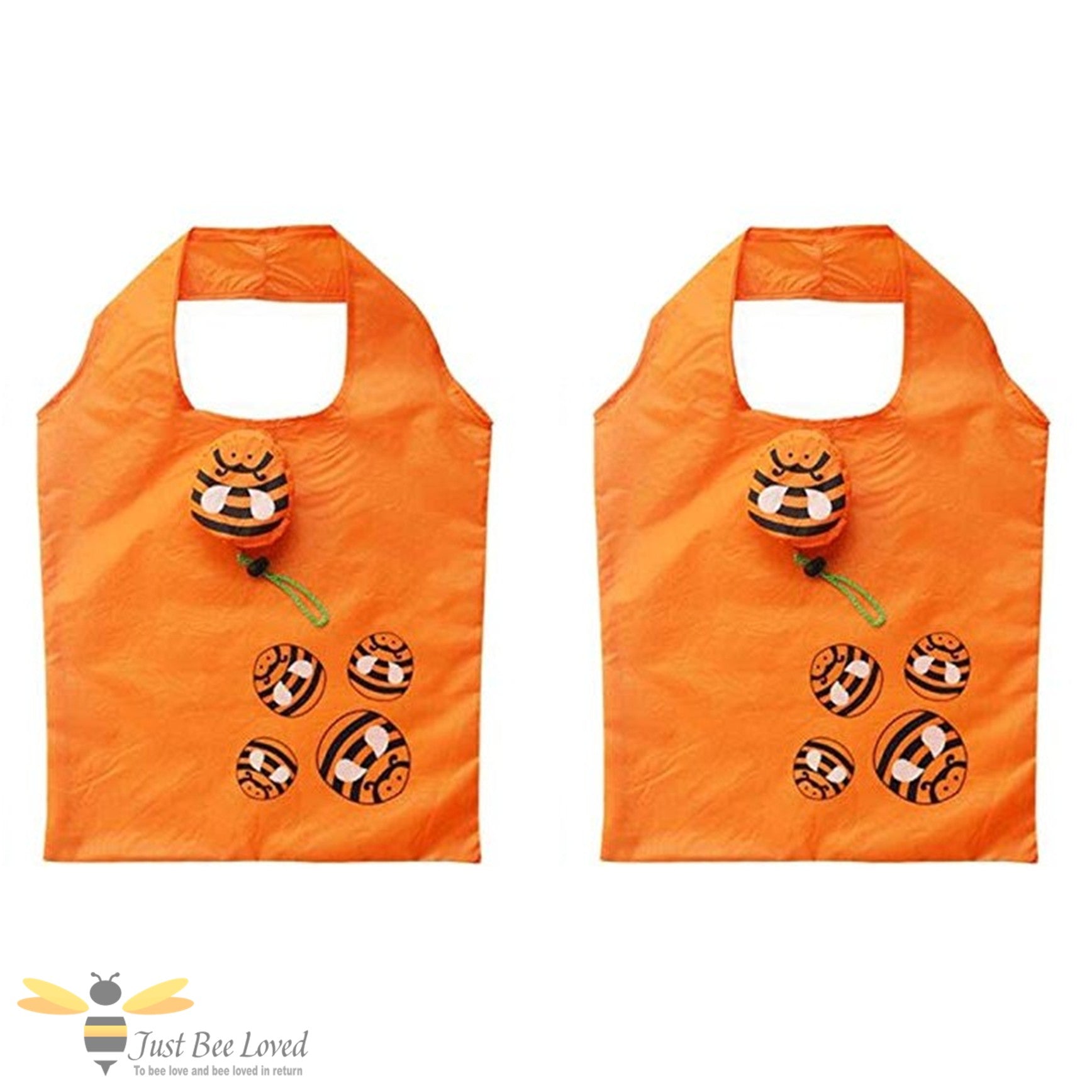 Two orange foldable shopping bags with bee designs and carry pouch.