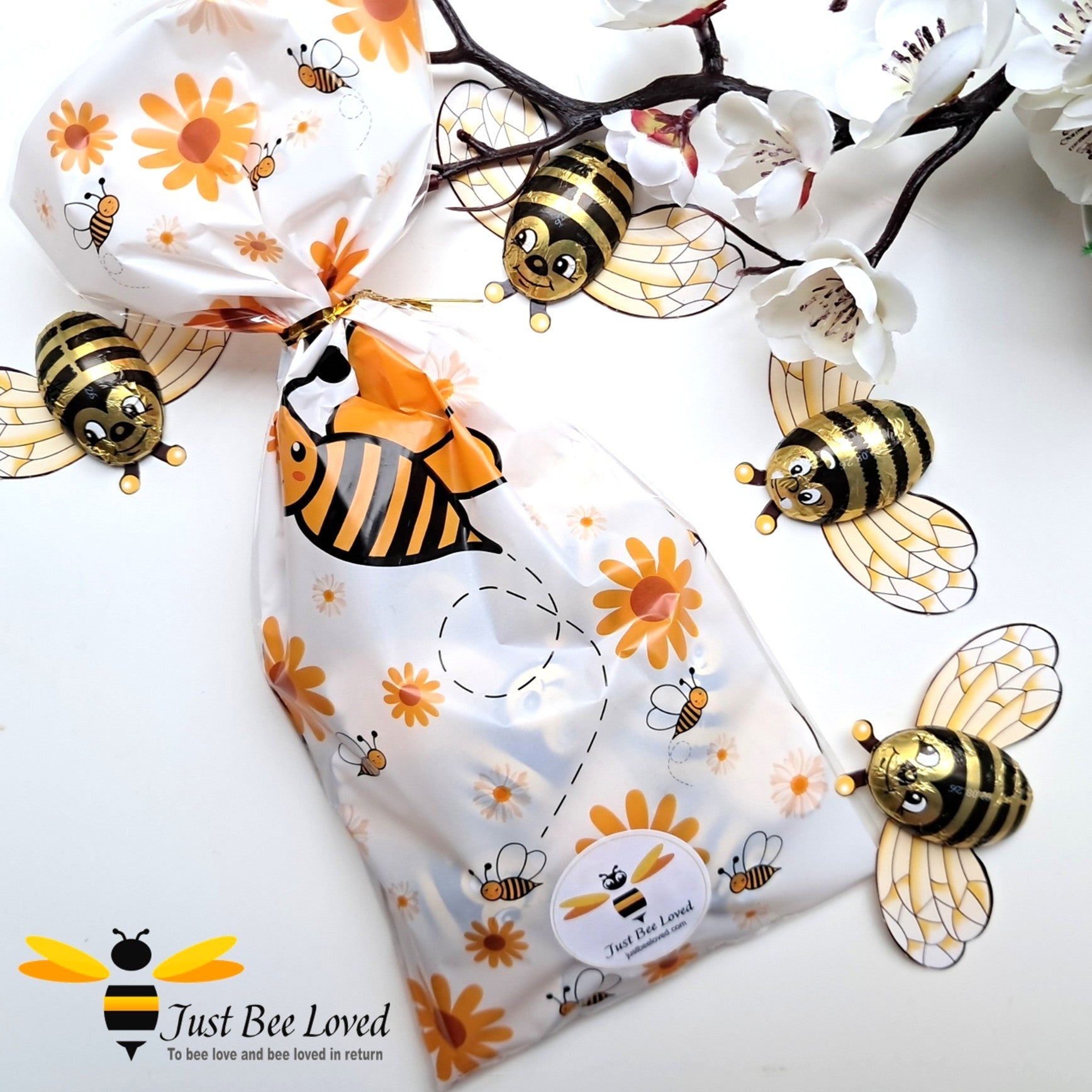 Bee themed Party favour bags with chocolate bees.