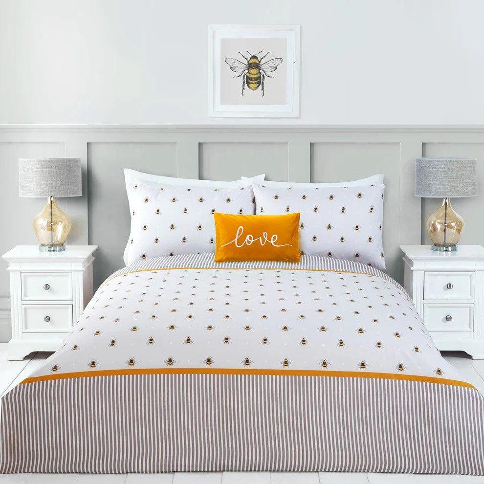 Pastel grey bee pattern duvet cover set with orange stripes.