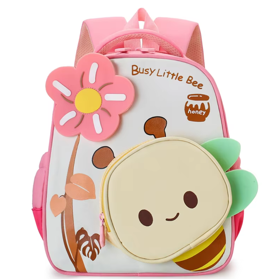 A children's school backpack in pink colour with a playful bee character and 'Busy Little Bee' text.