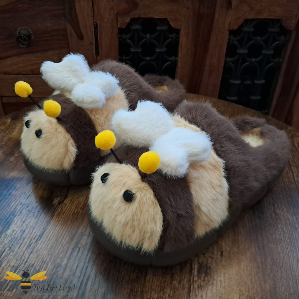 Fluffy plush novelty bumble bee slippers