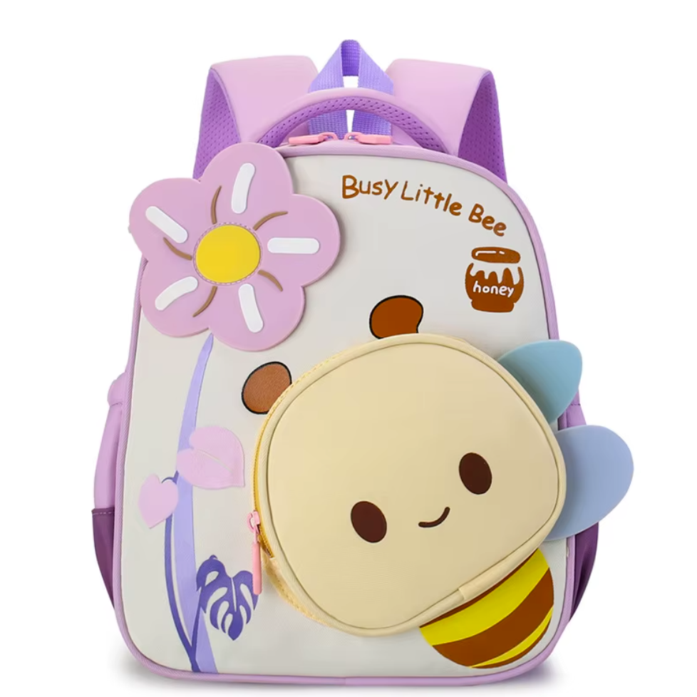 A children's school backpack in purple colour with a playful bee character and 'Busy Little Bee' text.