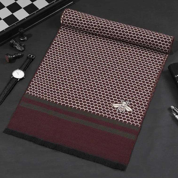 brown faux cashmere honeycomb scarf bee motif