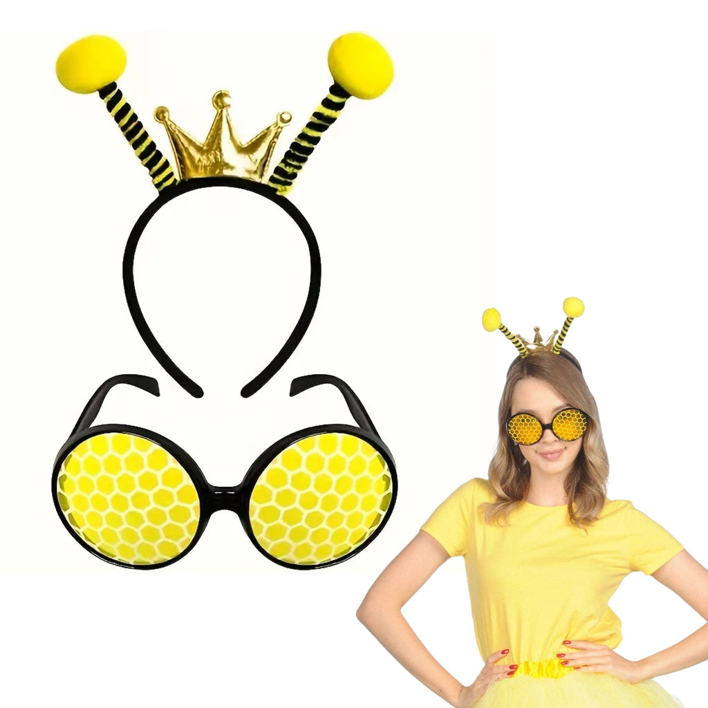 bee themed antenna headband with gold crown and novelty honeycomb bee glasses