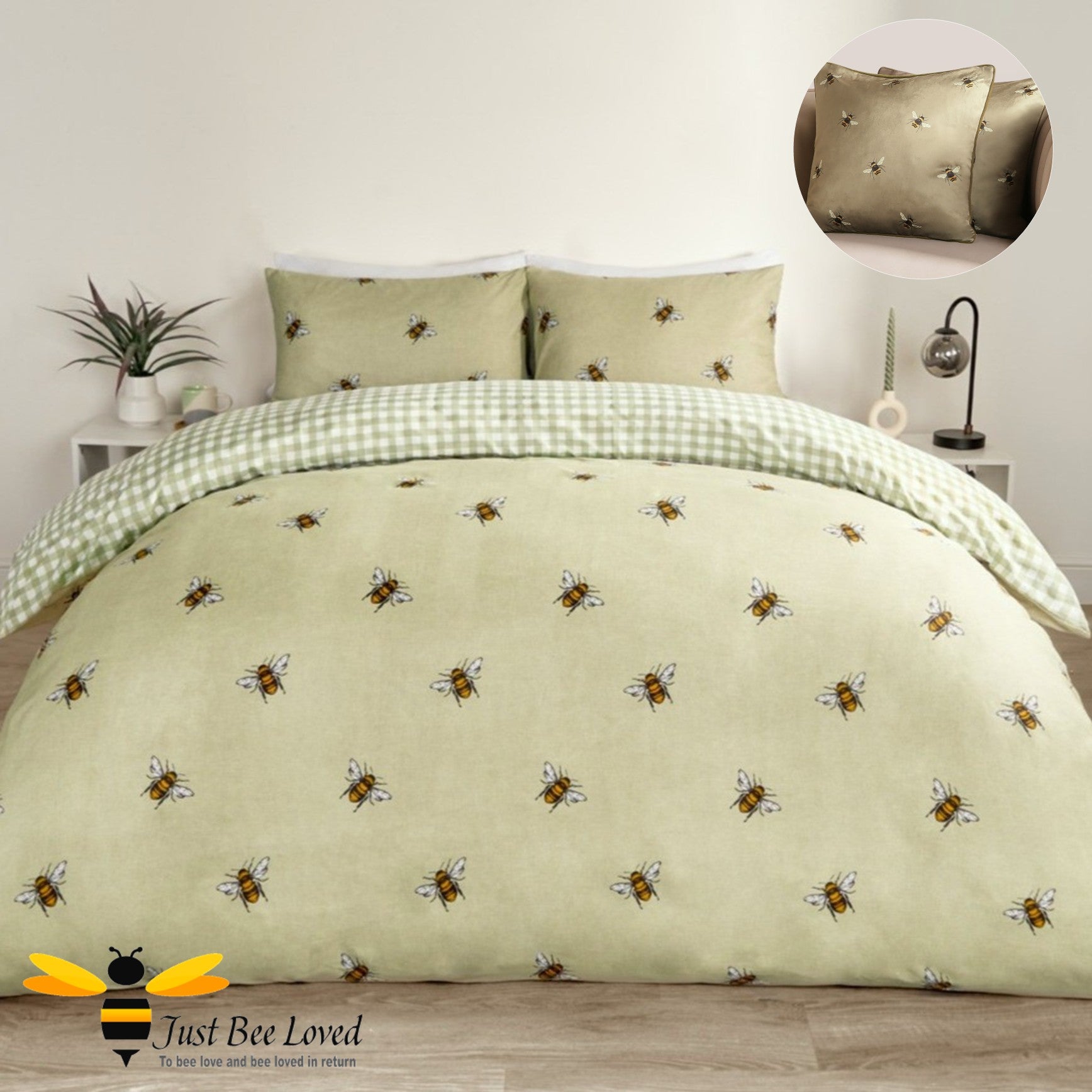 Sage green bumble bee duvet cover set with matching cushion.