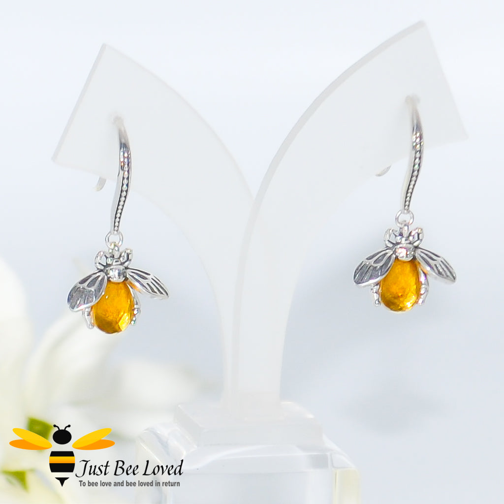 Sterling silver honey bee fish hook drop earrings