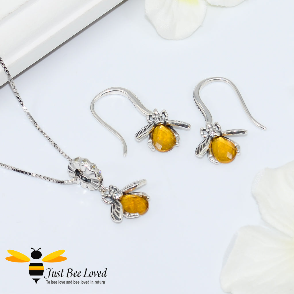 Sterling silver honey bee necklace pendant with matching crystal bee earrings