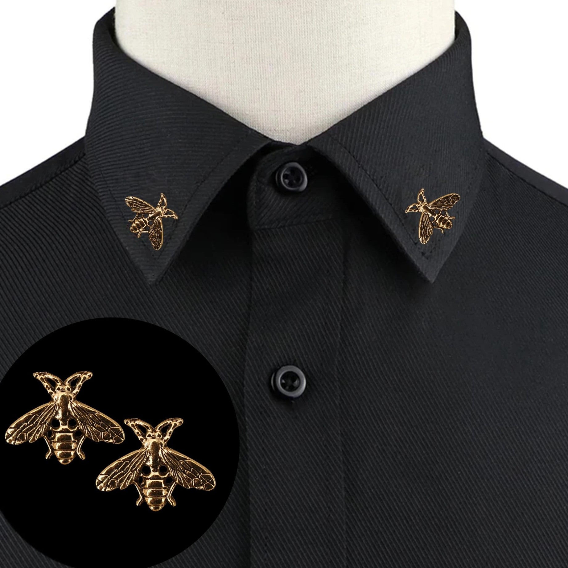 Black shirt with gold bee collar pins