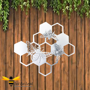 Silver metal honeycomb bees garden wall art