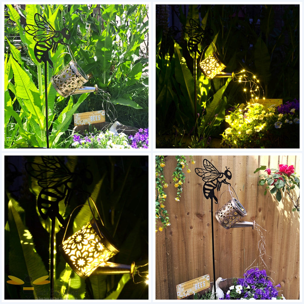 Collage of garden decorations including a metal bee and watering can with solar lights.