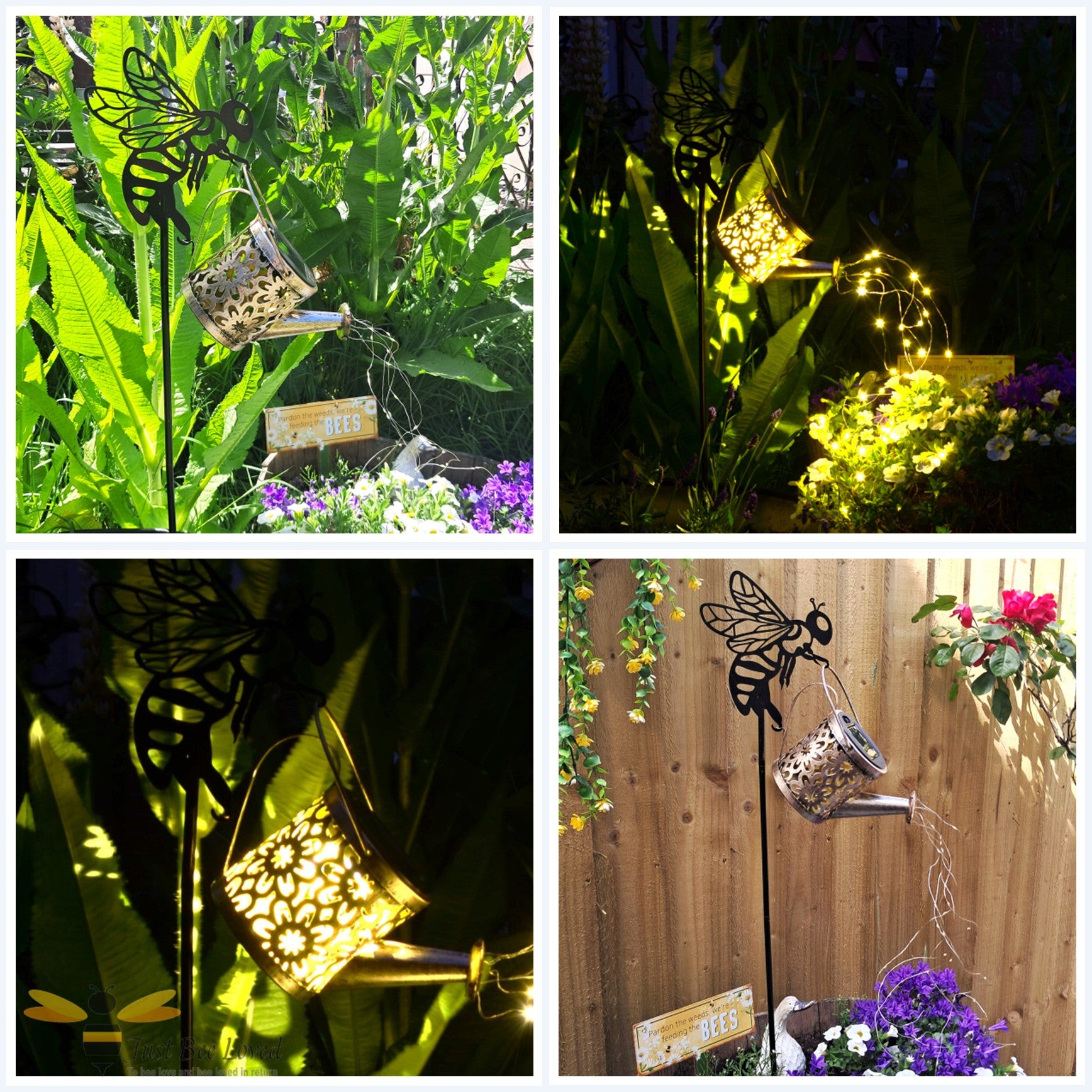 Collage of garden decorations including a metal bee and watering can with solar lights.