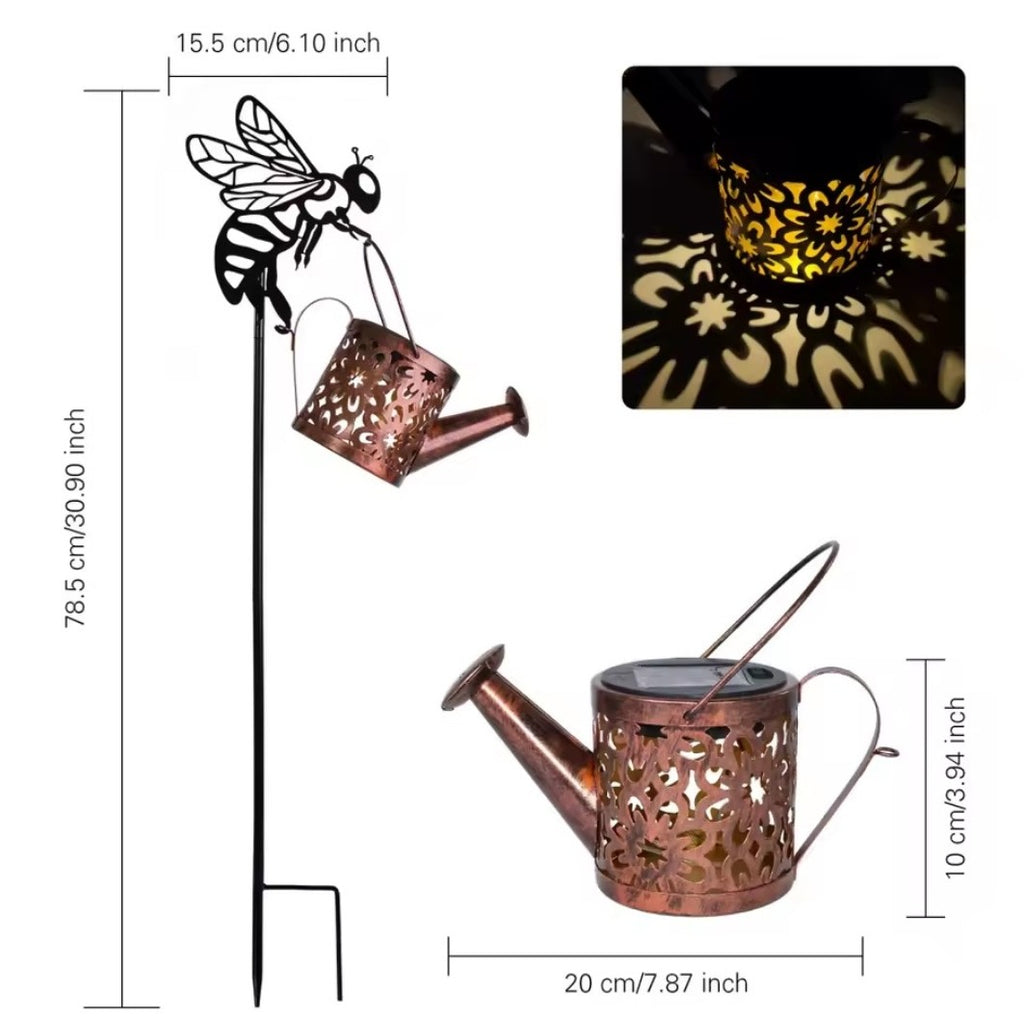 Solar light with a honey bee and water can design.