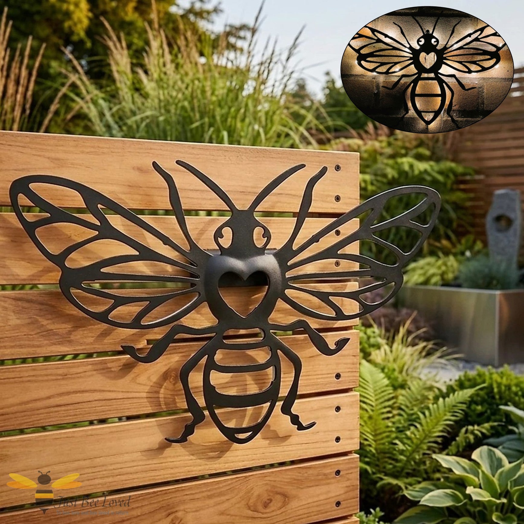 Metal solar powered bee wall art garden decor lighting.