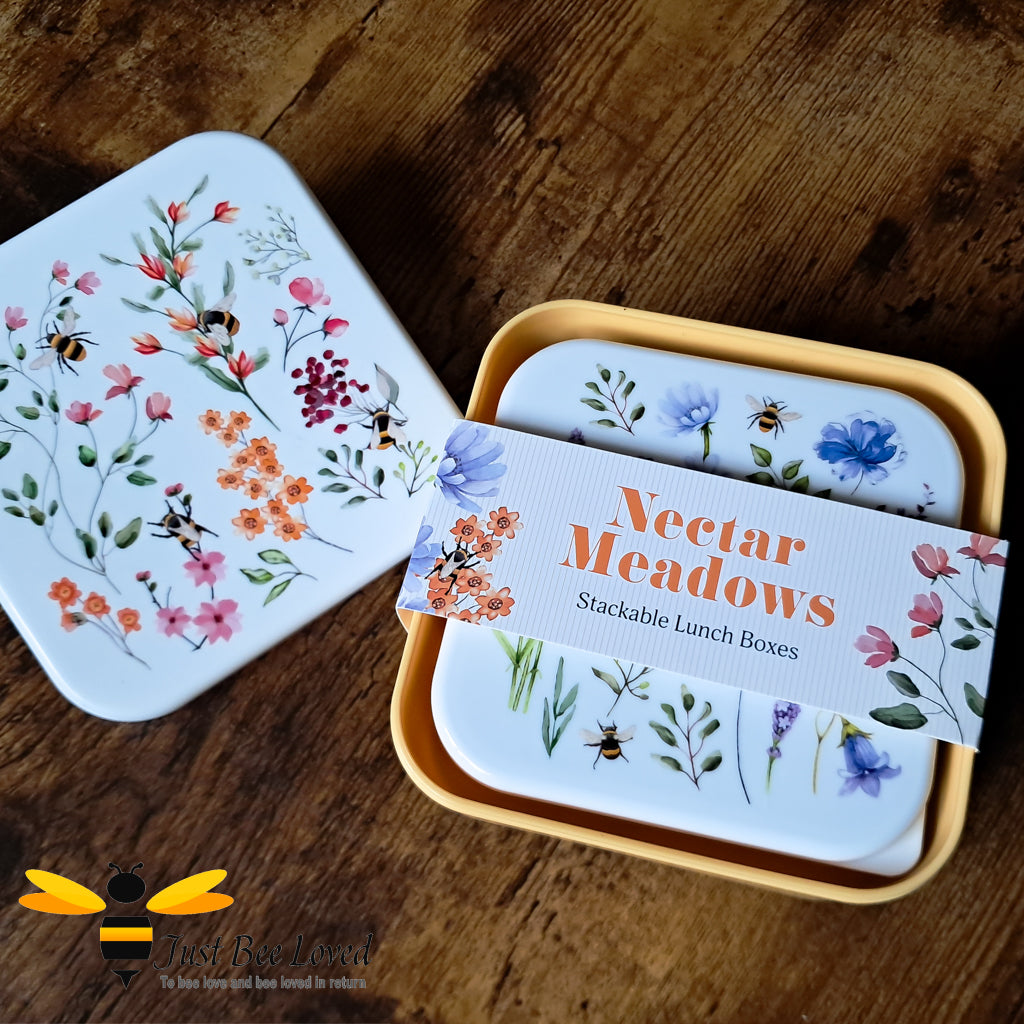 Set of 3 stackable bumble bee and floral lunch box set