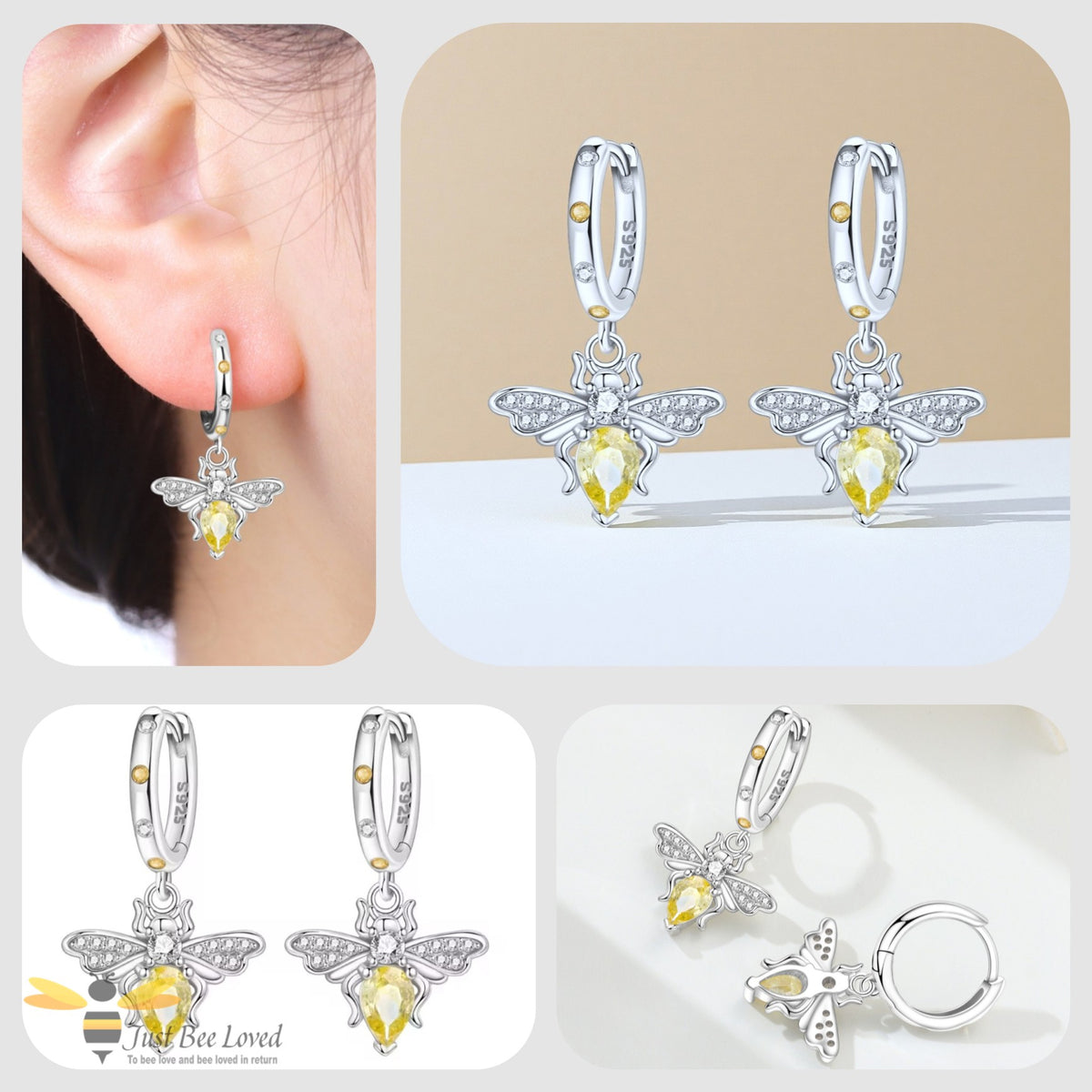 Silver huggie hoop earrings with dangling bee charms featuring yellow gemstone centers and clear crystal wings.