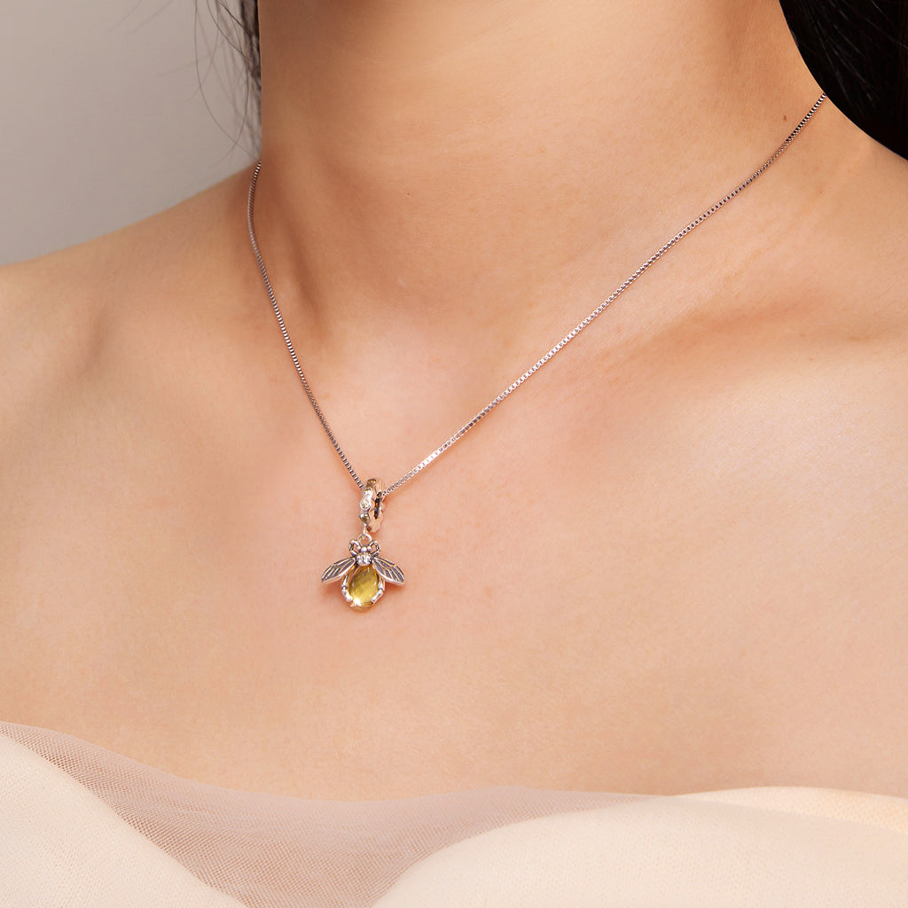 Sterling silver honey bee pendant necklace with orange colour crystal