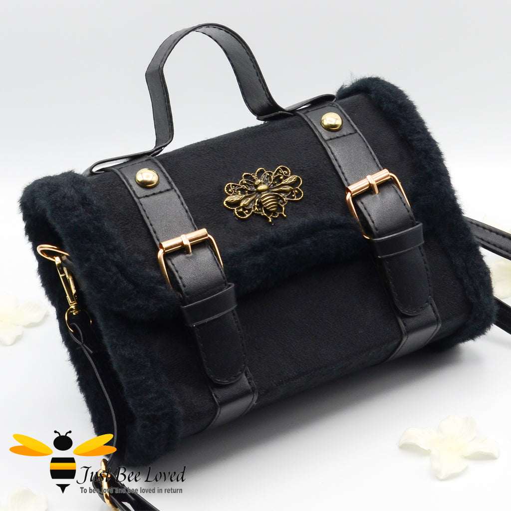Black imitation suede and fur mini crossbody bee bag