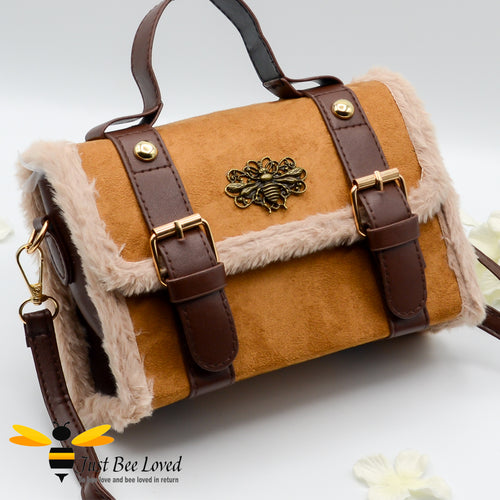 Brown imitation suede and fur mini crossbody bee bag