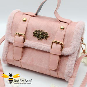 Pink imitation suede and fur mini crossbody bee bag