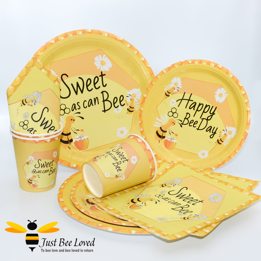 Bee themed paper party tableware set of plates, cups and napkins, with "sweet as can bee" and "happy bee day" calligraphy 