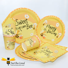 Load image into Gallery viewer, Bee themed paper party tableware set of plates, cups and napkins