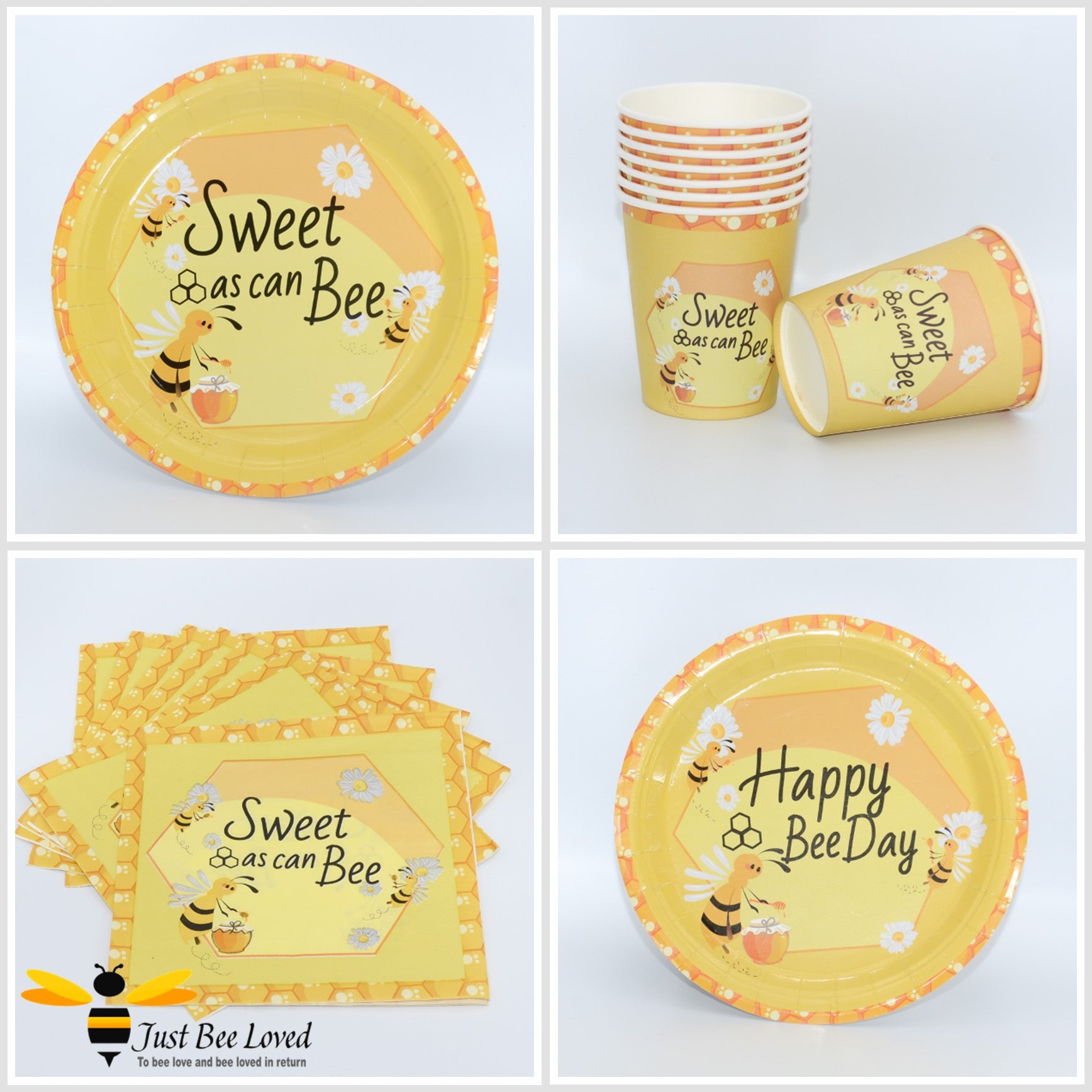 Bee themed paper party tableware set of plates, cups and napkins