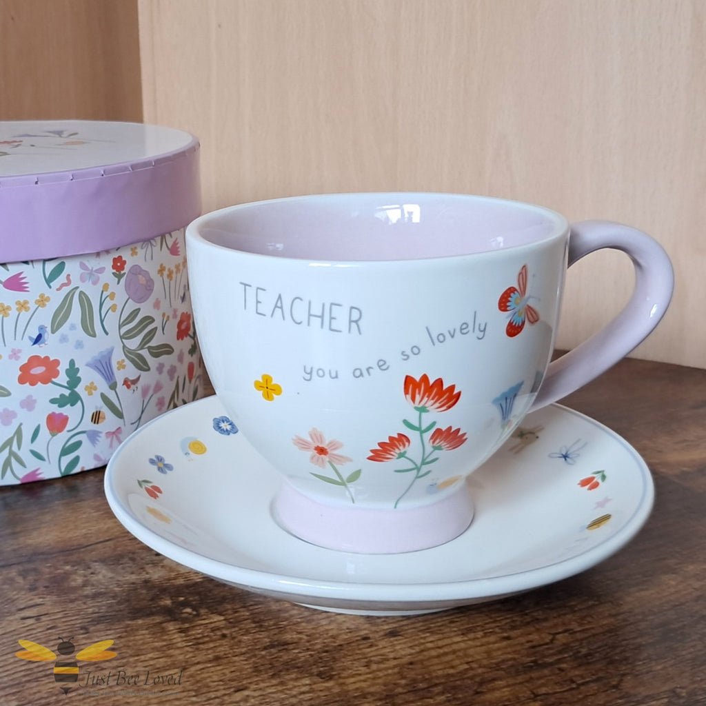 Bee themed cup and saucer gift set with floral design and 'Teacher you are so lovely' text.