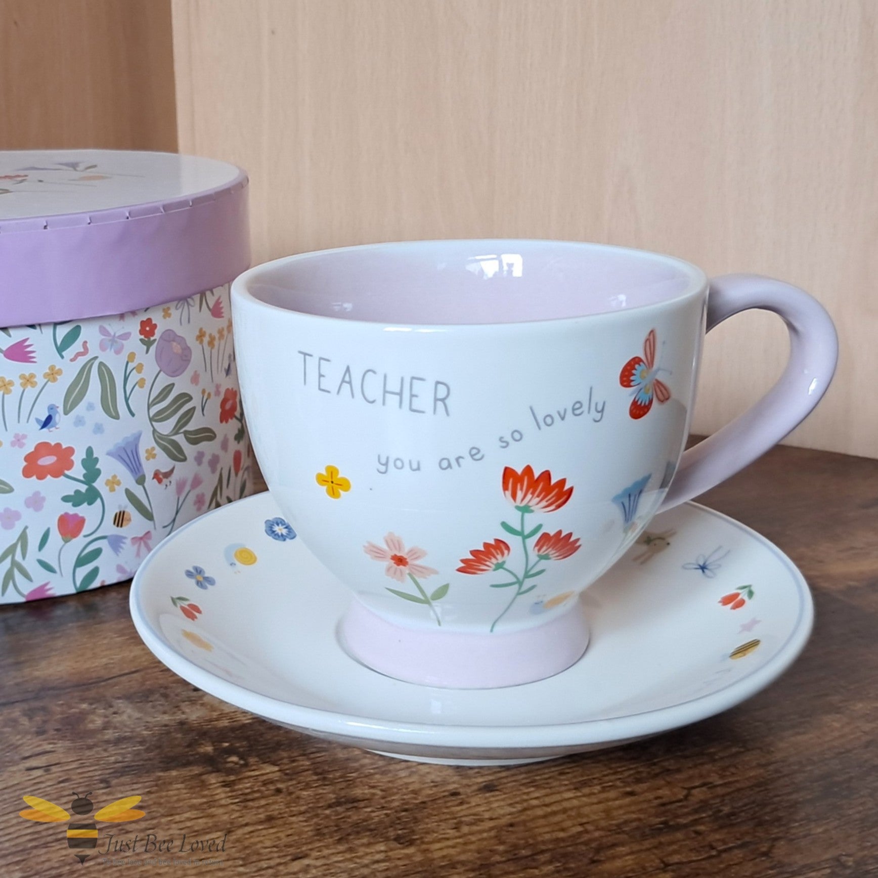 Bee themed cup and saucer gift set with floral design and 'Teacher you are so lovely' text.