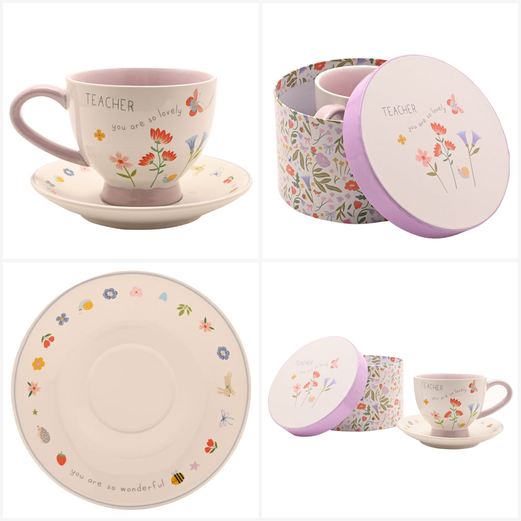 Tea cup and saucer set with bees, butterflies and floral design and 'Teacher' text.