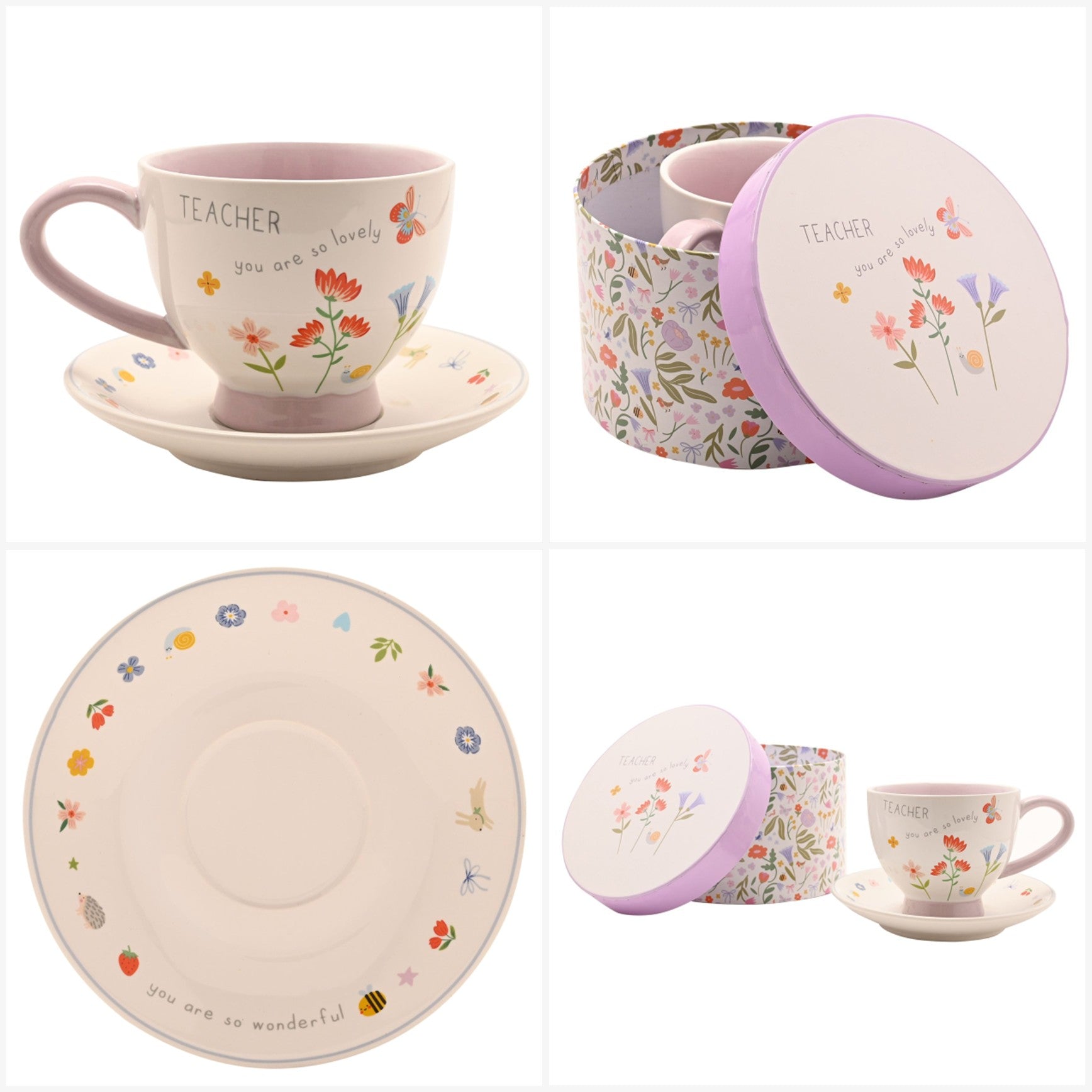 Tea cup and saucer set with bees, butterflies and floral design and 'Teacher' text.