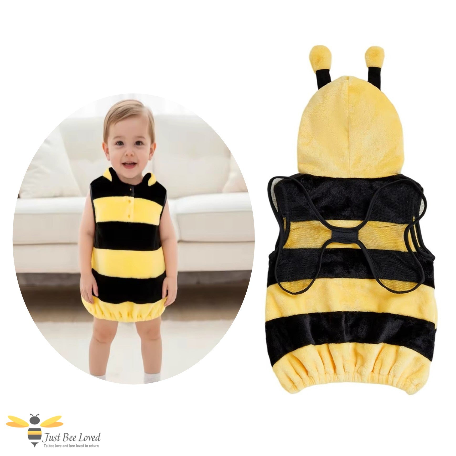 Toddlers plush hooded sleeveless bee costume with antennae and wings.