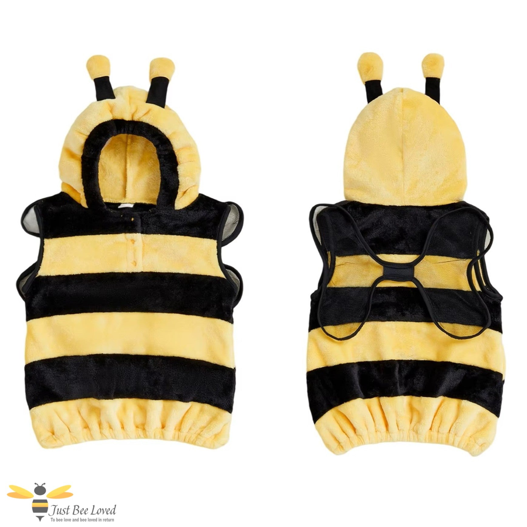 Toddlers plush hooded sleeveless bee costume with antennae and wings.
